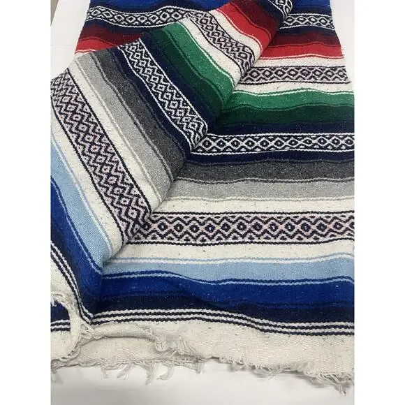 Rainbow Stripe Serape Mexican Blanket Rug / Vintage Southwestern Decor 80x53 - Picture 2 of 2